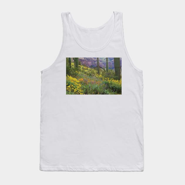 Saguaro Amid Flowering Lupine California Brittlebush Organ Pipe Cactus National Monument Tank Top by AinisticGina